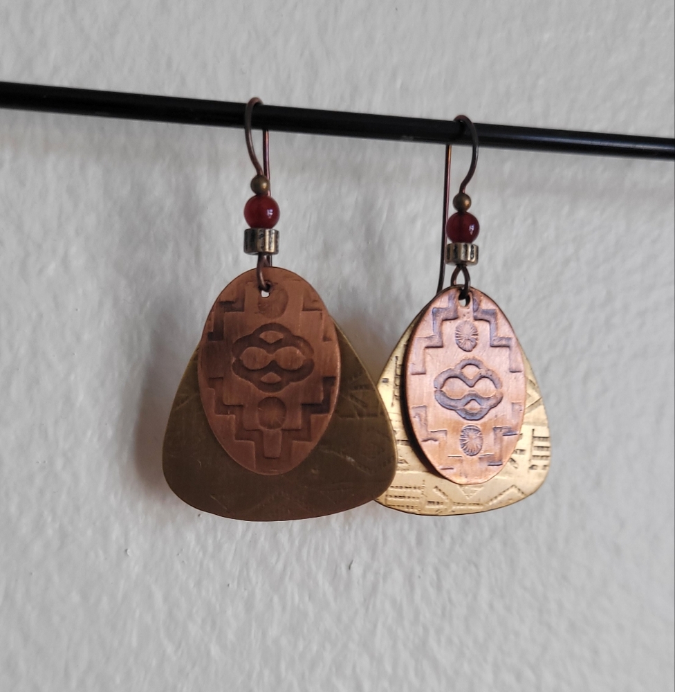 Brass and copper guitar pick southwestern dangle earrings - Picture 2 of 4